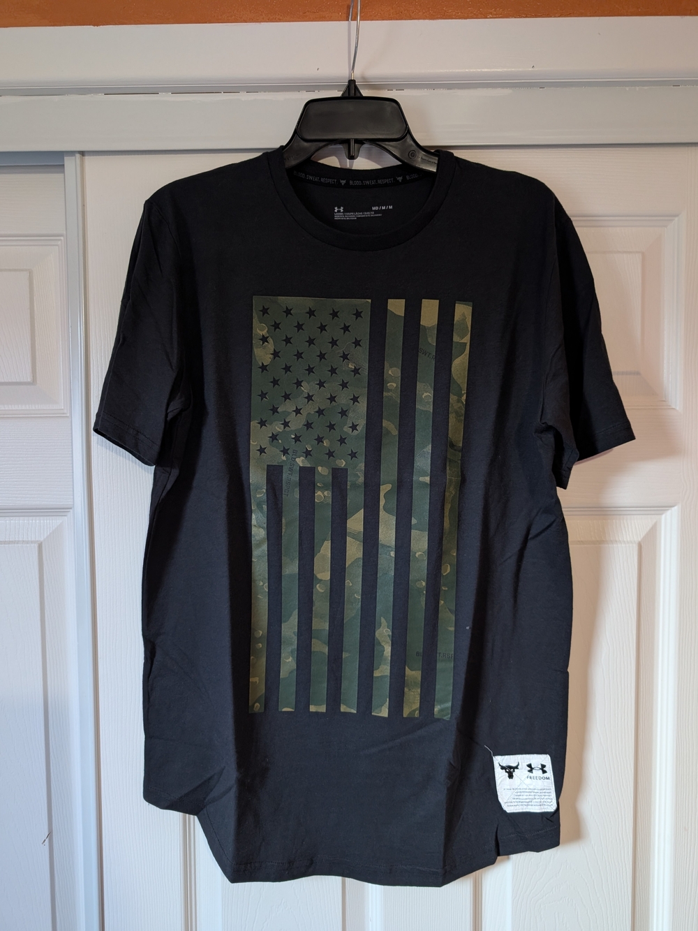 Under Armour Project Rock Black Tee with Camo American Flag Graphic